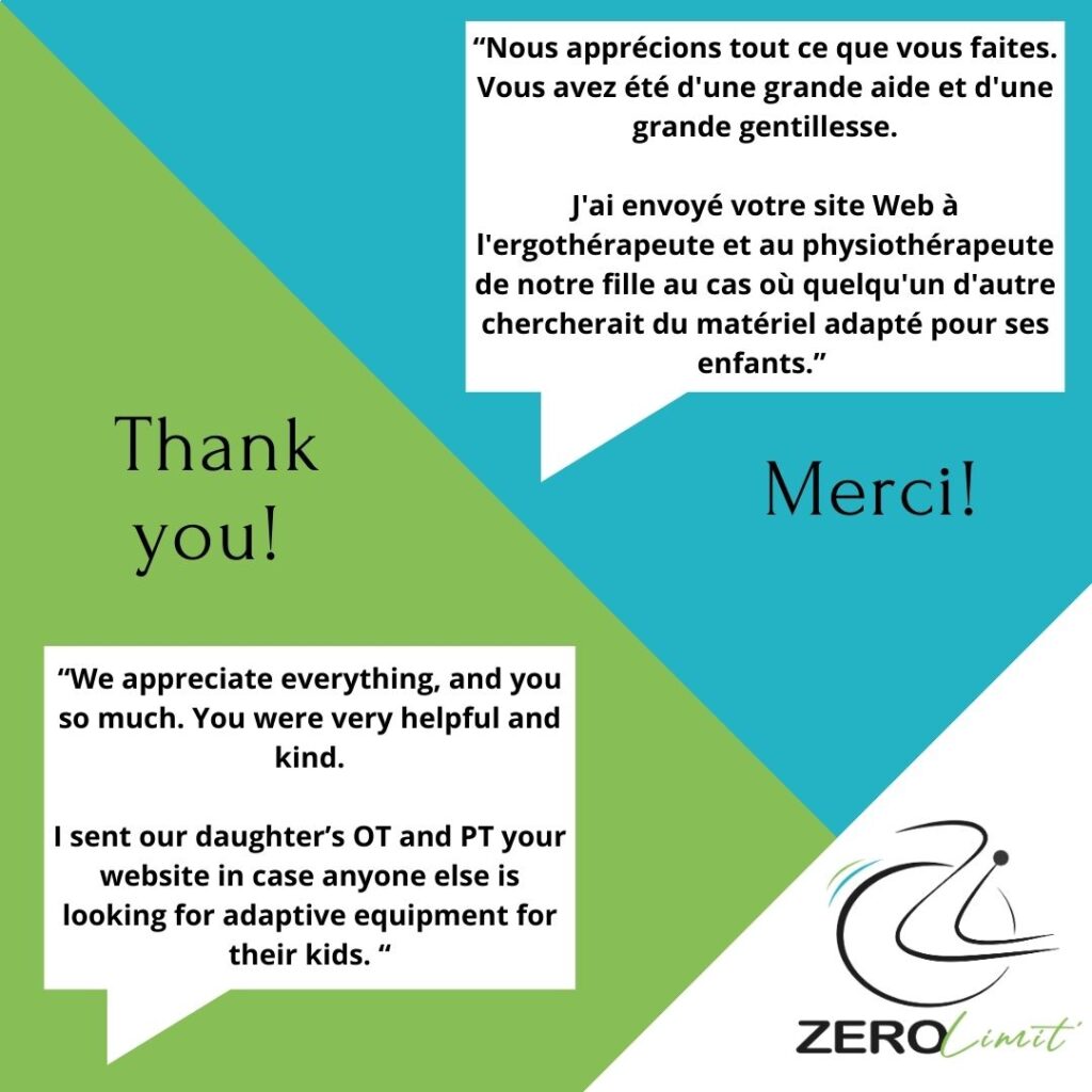 L'image est partagée en 2 diagonalement, avec le témoignage et "Merci" écrits en français et en anglais Le logo de Zero Limit est en bas à droite.