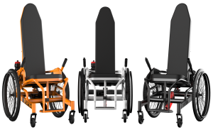 Three GymChairs, orange, white and black seen from the front Trois GymChairs, orange, blanc et noir vus de face