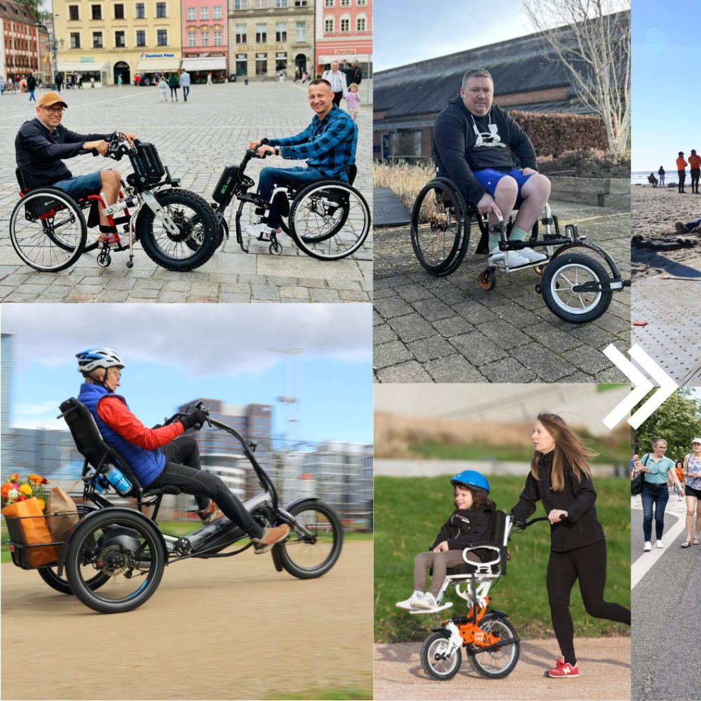 The image is divided into four parts:
- top left: men in wheelchairs with electric bikes face each other in a town square
- top right: a man in a manual wheelchair with a Track Wheel front wheel, is outside
- bottom left: a person is on a three-wheeled 3/4-rear chopper bike. This person is riding along a path with buildings in the background.
- bottom right: a woman is running with a little girl in a Joëlette Kid.