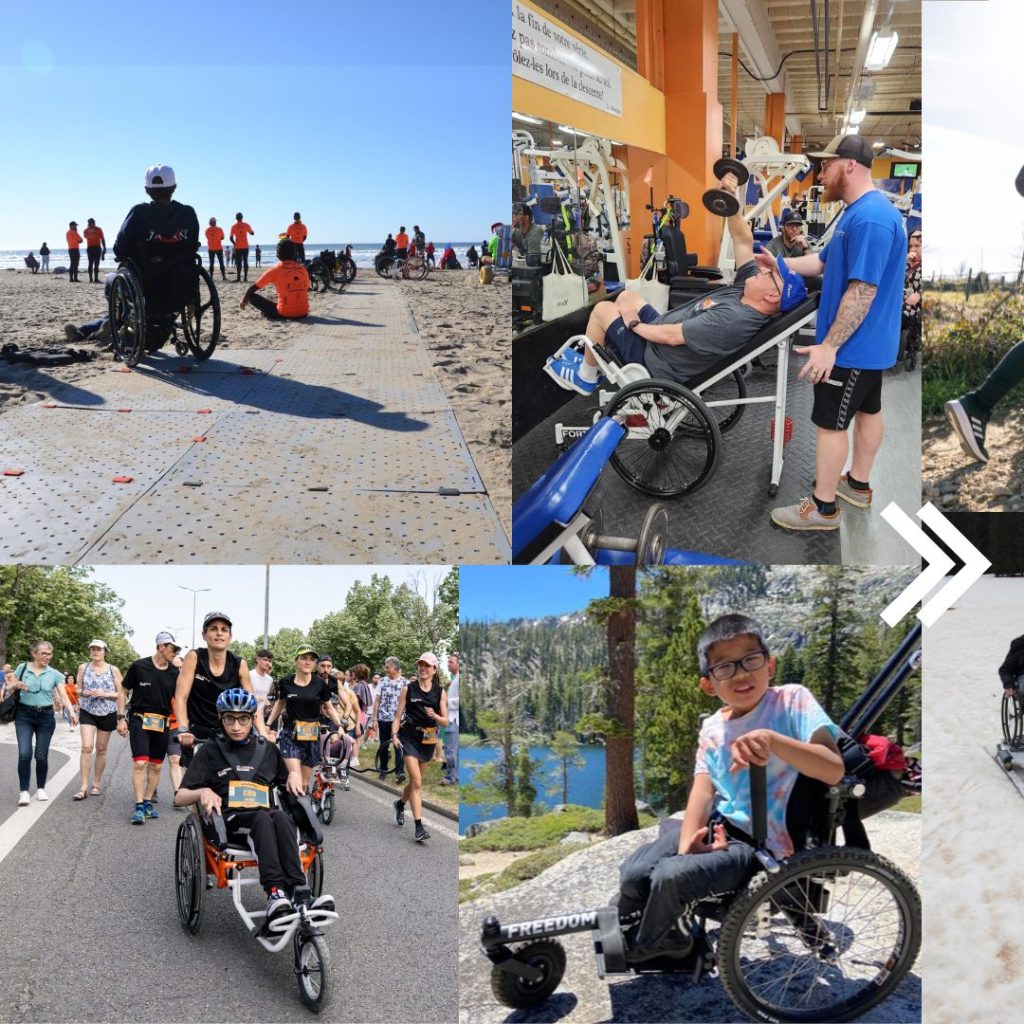 The image is divided into four parts:
- top left: a person in a wheelchair on an accessibility mat on the beach. There are people behind and water can be seen in the background.
- top right: a man is leaning back in a wheelchair. He has another person standing behind him who seems to be coaching him, and he's lifting a dumbbell with his right arm.
- bottom left: a young man in a three-wheeled Joëlette Finisher wheelchair during a foot race.
- bottom right: a young boy stands sideways, in a Grit wheelchair, in front of a lake surrounded by mountains and fir trees.